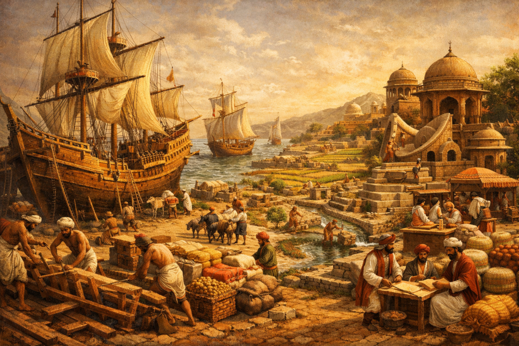 indian craftsmen building large wooden ships using teak wood