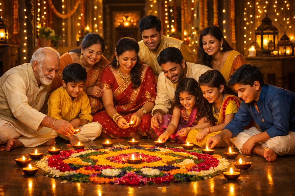 A joyful Indian joint family celebrating a festival together: grandparents, parents and children