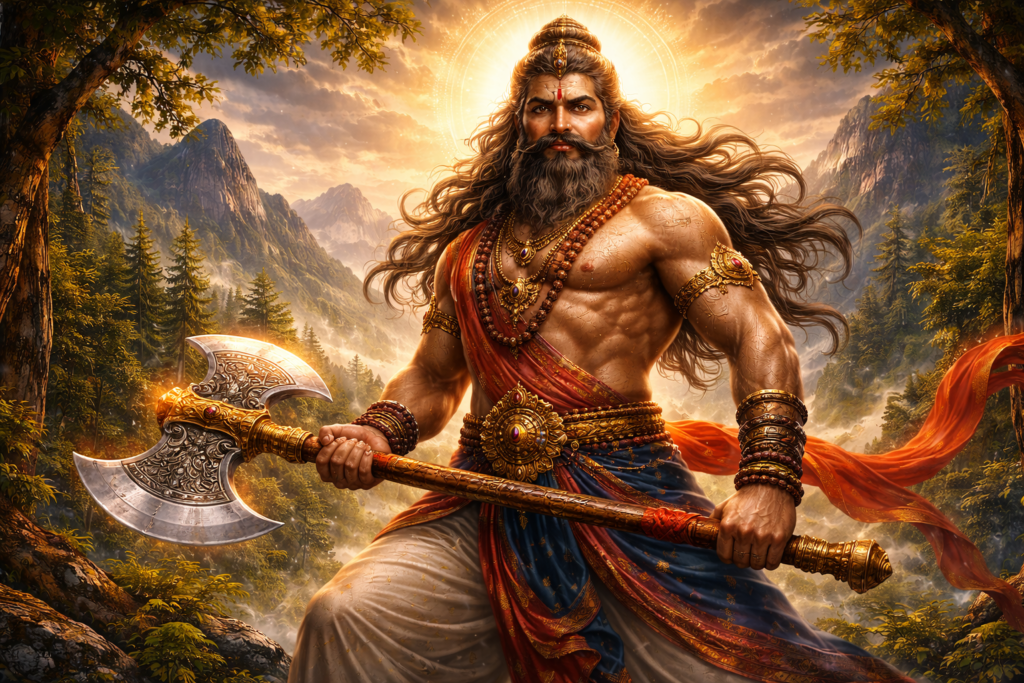 parashurama, fierce avatar of lord vishnu, powerful sage warrior holding a divine axe (parashu) indicinfo epic image