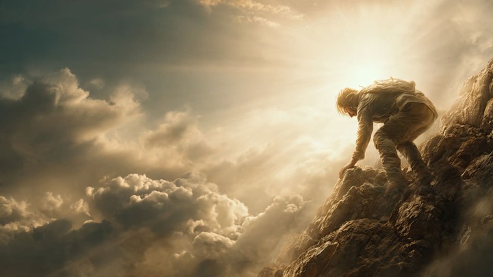 a person climbing a mountain after falling dust on