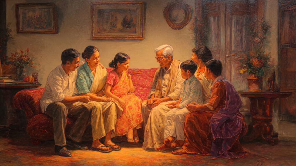 A warm traditional Indian family scene showing grandparents, parents, and children sitting together in a living room.