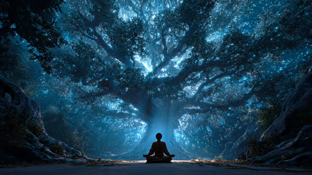 Spiritual Wisdom from Ancient Indian Texts ancient indian sage meditating under a sacred bany (1)