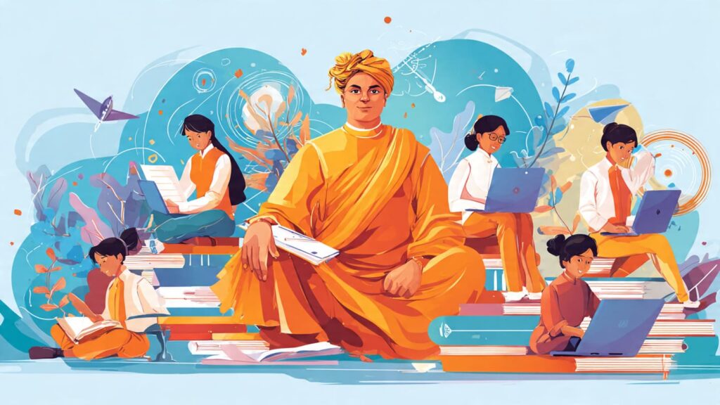 portrait of swami vivekananda in center with confi